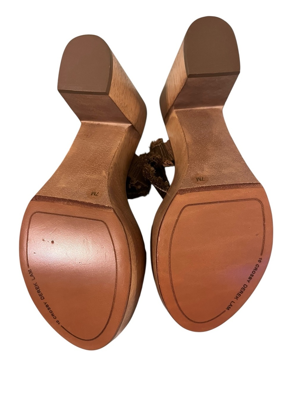 10 Crosby Derek Lam Platform Mule Sandals 7M Brown Fringe Wood Heel Boho Granola - Picture 7 of 10